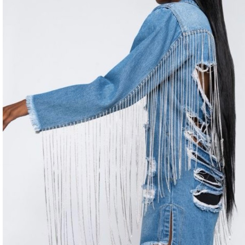 Rhinestone Long Denim Jacket.